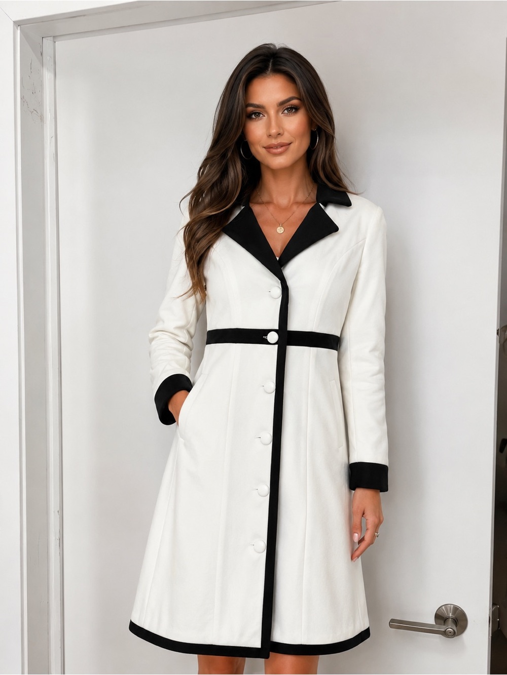 Elegant White Maxi Coat Dress with Black Trim